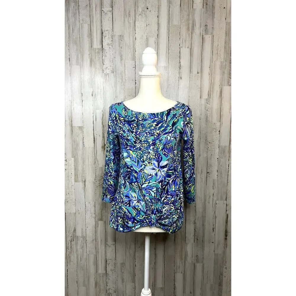 Lilly Pulitzer Women's XS Blue Geometric 3/4 Sleeve‎ Blouse Twist Knot Detail